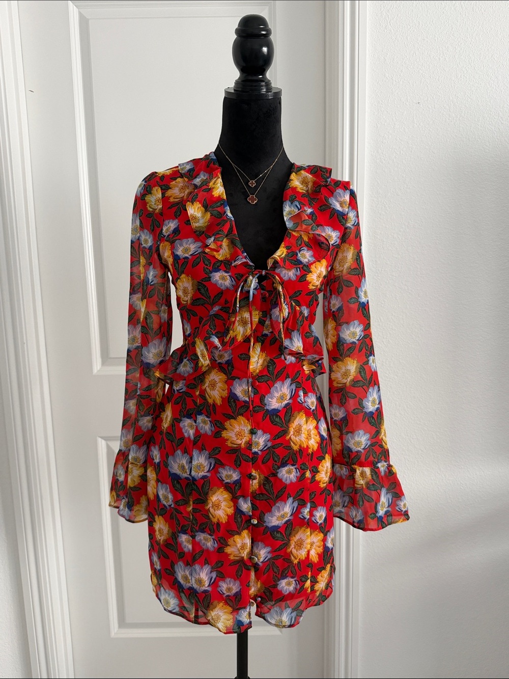 The Fifth Label Red Floral Tie-Neck Mini Dress